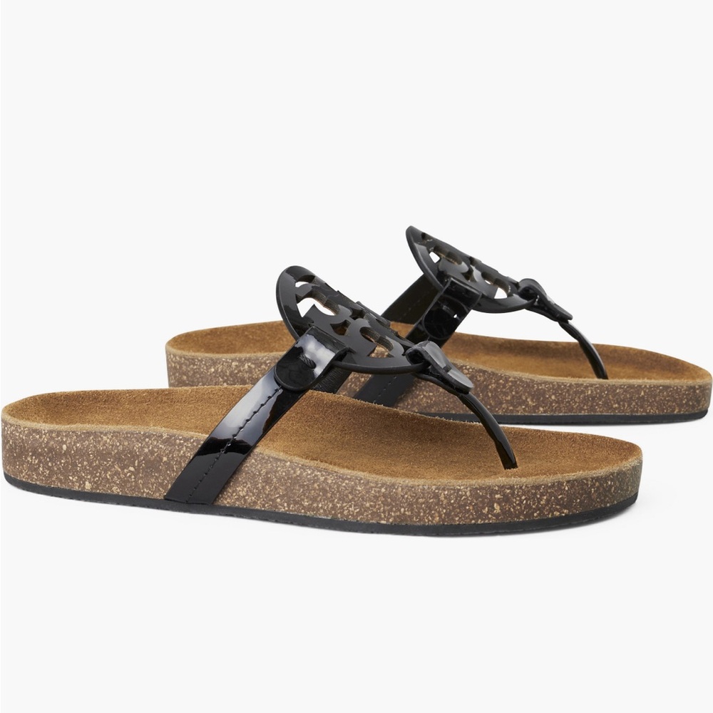 Tory Burch Miller Cloud Black Patent Leather Cork Sandals 4.5 34.5